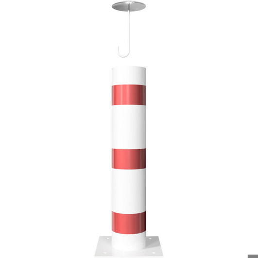 Rammschutzpoller Bollard Ø193 mm, 1000 mm, weiß mit 3 roten Reflexstreifen, Bodenplatte 360x360 mm zum Aufdübeln, Stahlkappe, feuerverzinkt