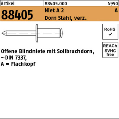 Blindniete A 2 Flachkopf 3 x 6 mm, Stahl verzinkt, 500 Stück (FLAKO, ART 88405)