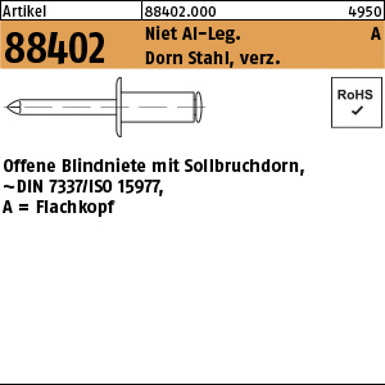 FLAKO Blindniete Alu/Stahl verzinkt, Flachkopf 6 x 12 mm, 250 Stück (Art. 88402)