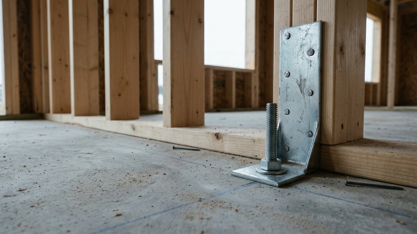 Zuganker aus verzinktem Stahl am Fuß einer Holzrahmenwand, mit Bolzen in der Betonbodenplatte verankert, aus niedriger Perspektive gesehen.
