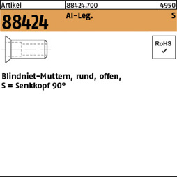 Blindnietmutter M8 Aluminium, Senkkopf 90°, rund, offen – ART 88424, Klemmbereich 1,5–4,5 mm, 100 Stück