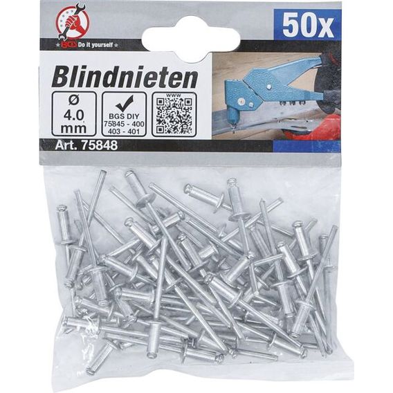 BGS DIY 75848 Blindnieten-Sortiment Ø 4,0 mm, 50-teilig, Aluminium mit Stahlstift