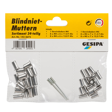 GESIPA Blindnietmuttern-Sortiment, 34-teilig – Standard, metrisches Gewinde