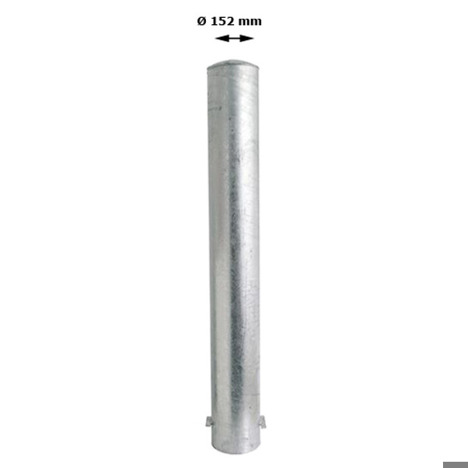 Rammschutzpoller Bollard Ø 152 mm, 1500 mm, zum Einbetonieren, feuerverzinkter Stahl, mit Stahlkappe, 1 Öse, signalgelb (RAL 1003) mit 3 schwarzen Streifen