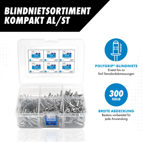 GESIPA Blindnietsortiment Kompakt AL/ST – 300 PolyGrip Mehrbereichs-Blindnieten, 6 Abmessungen