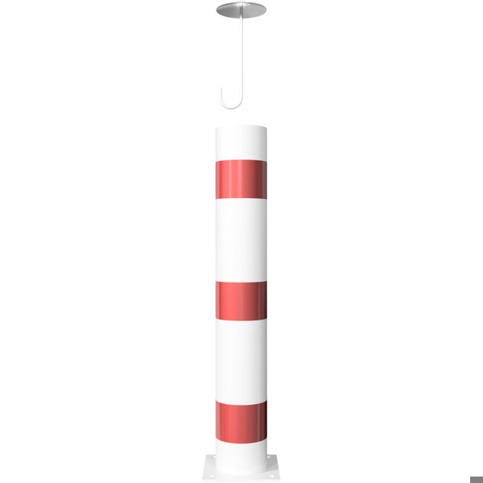 Rammschutzpoller Bollard Ø152 mm, 1000 mm, weiß mit 3 roten Reflexstreifen, zum Aufdübeln mit Bodenplatte 220x220 mm, Stahlkappe mit Betonanker